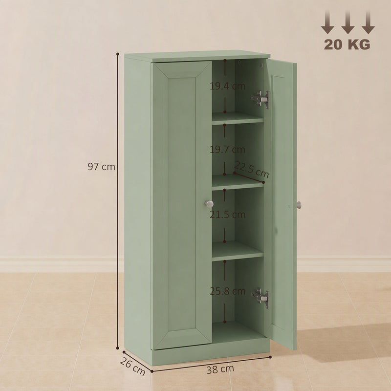 Dimensions diagram of the light green bathroom cabinet showing overall size and shelf heights