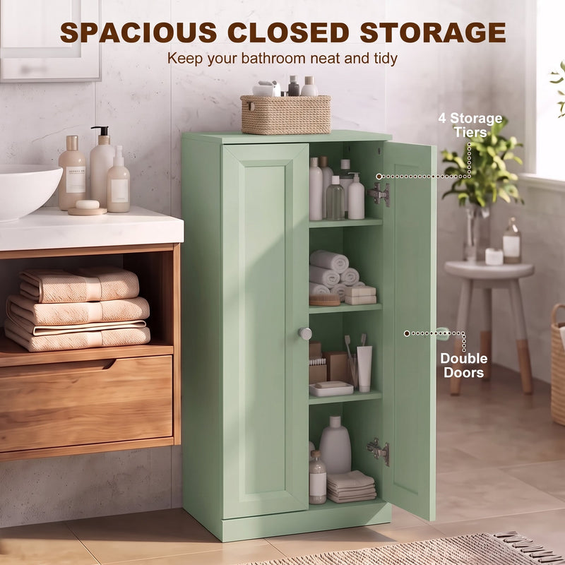 Light green bathroom cabinet with doors open, labelled four storage tiers and double doors