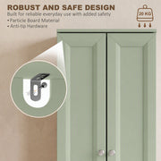Close-up of the anti-tip wall bracket hardware on the light green bathroom cabinet