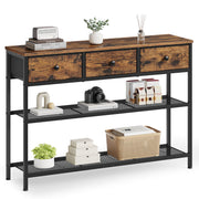Rustic brown narrow console table with 3 fabric drawers and 2 mesh shelves, studio shot