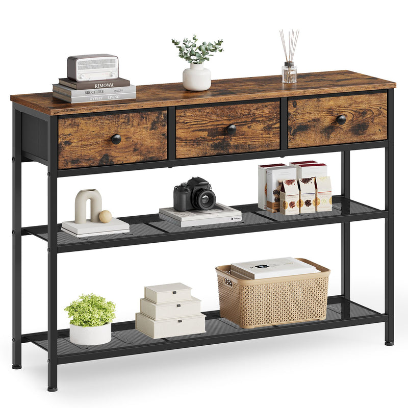 Rustic brown narrow console table with 3 fabric drawers and 2 mesh shelves, studio shot