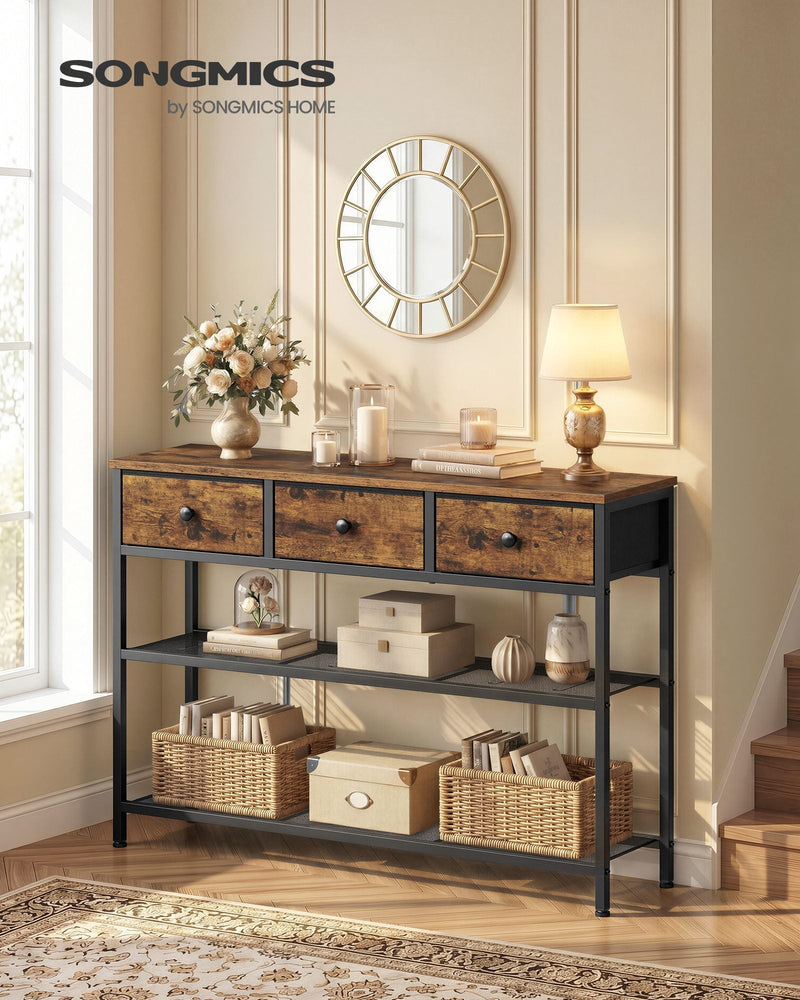 Rustic brown narrow console table in a hallway with decor, baskets and boxes on the shelves