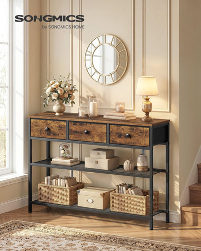 Rustic brown narrow console table in a hallway with decor, baskets and boxes on the shelves