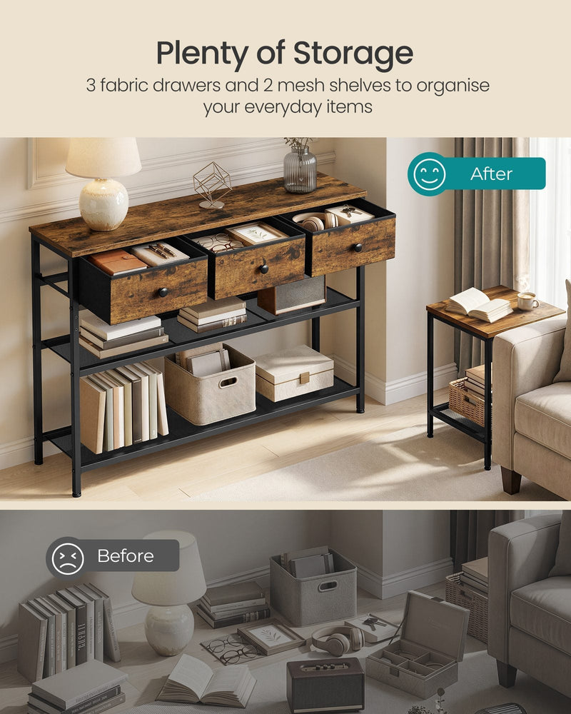 Console table with 3 fabric drawers pulled open and 2 mesh shelves holding books and boxes, shown before and after tidying
