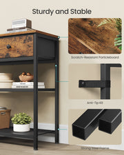 Close-ups of the scratch-resistant particleboard top, anti-tip kit strap and steel frame legs