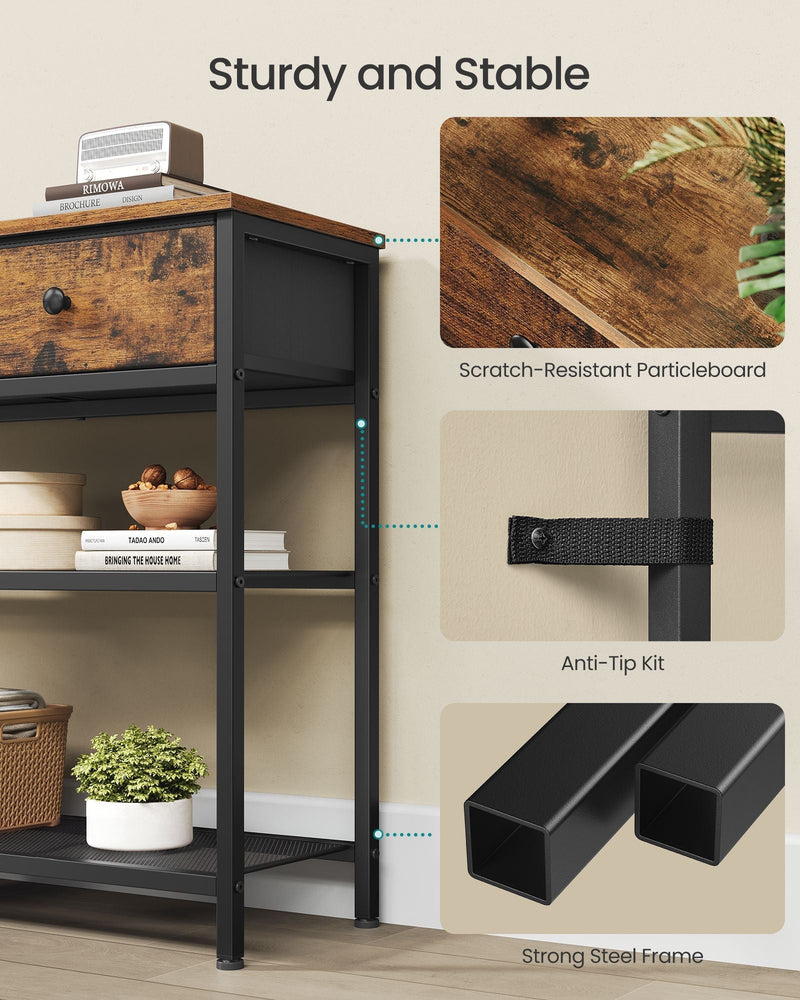 Close-ups of the scratch-resistant particleboard top, anti-tip kit strap and steel frame legs