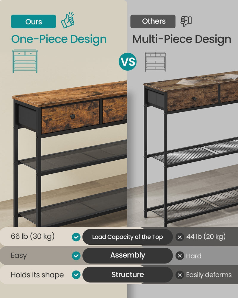 One-piece console table design compared with a multi-piece design, with 30 kg top load capacity