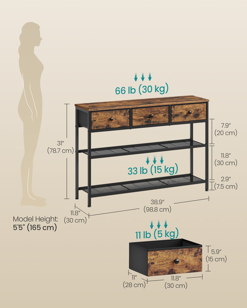 Dimensions diagram showing 98.8 cm width, 30 cm depth, 78.7 cm height and shelf and drawer load limits