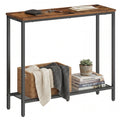 Vasagle narrow console table in rustic brown with a black steel frame and mesh shelf, holding a wallet, keys and post