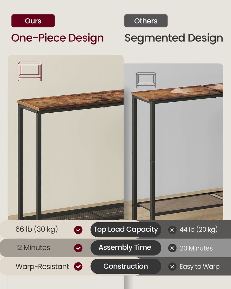 Comparison graphic of the one-piece table top against a segmented design, listing 30 kg load, 12 minute assembly and warp resistance