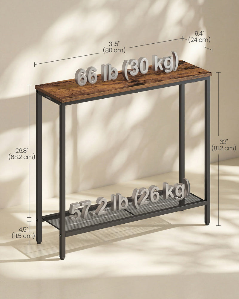 Dimensions diagram labelling the console table 80 cm wide, 24 cm deep and 81.2 cm tall, with 30 kg top and 26 kg shelf loads