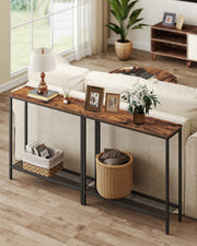 Two of the console tables lined up behind a cream sofa in a living room, holding a lamp, photo frames and storage baskets