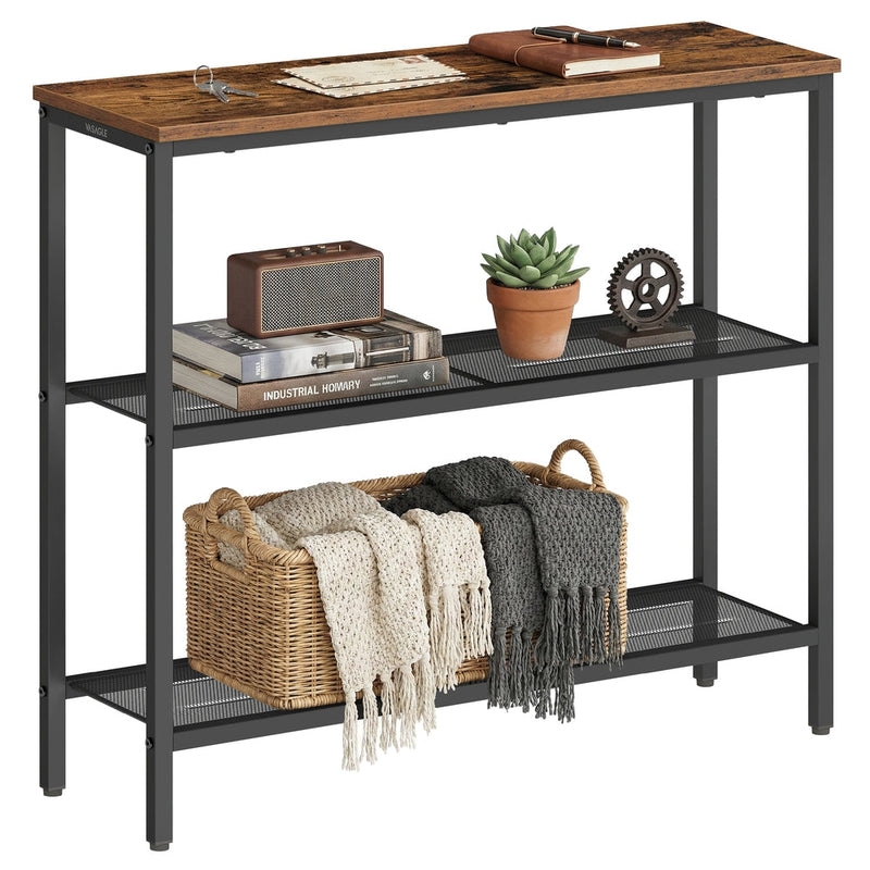 Vasagle 3-tier narrow steel console table in rustic brown with black frame, styled with decor