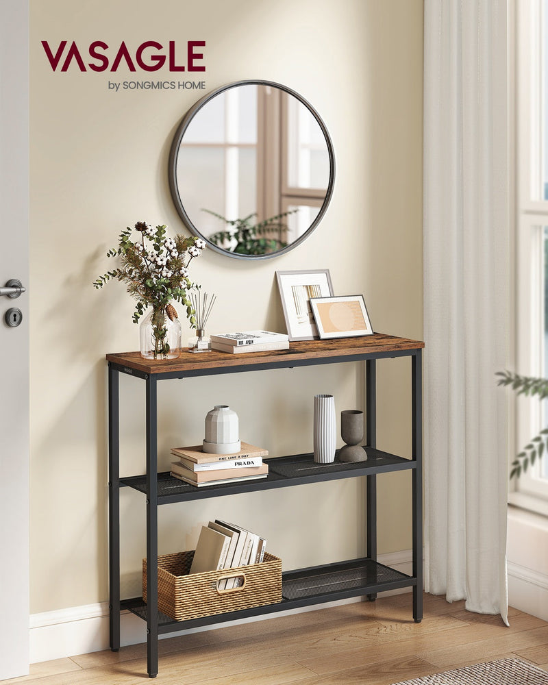 Vasagle console table in a hallway under a round mirror