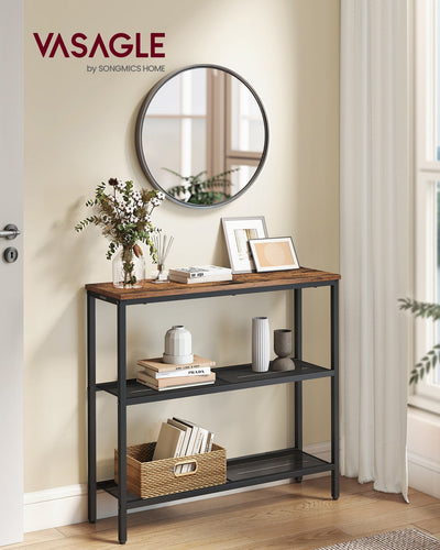 Vasagle console table in a hallway under a round mirror