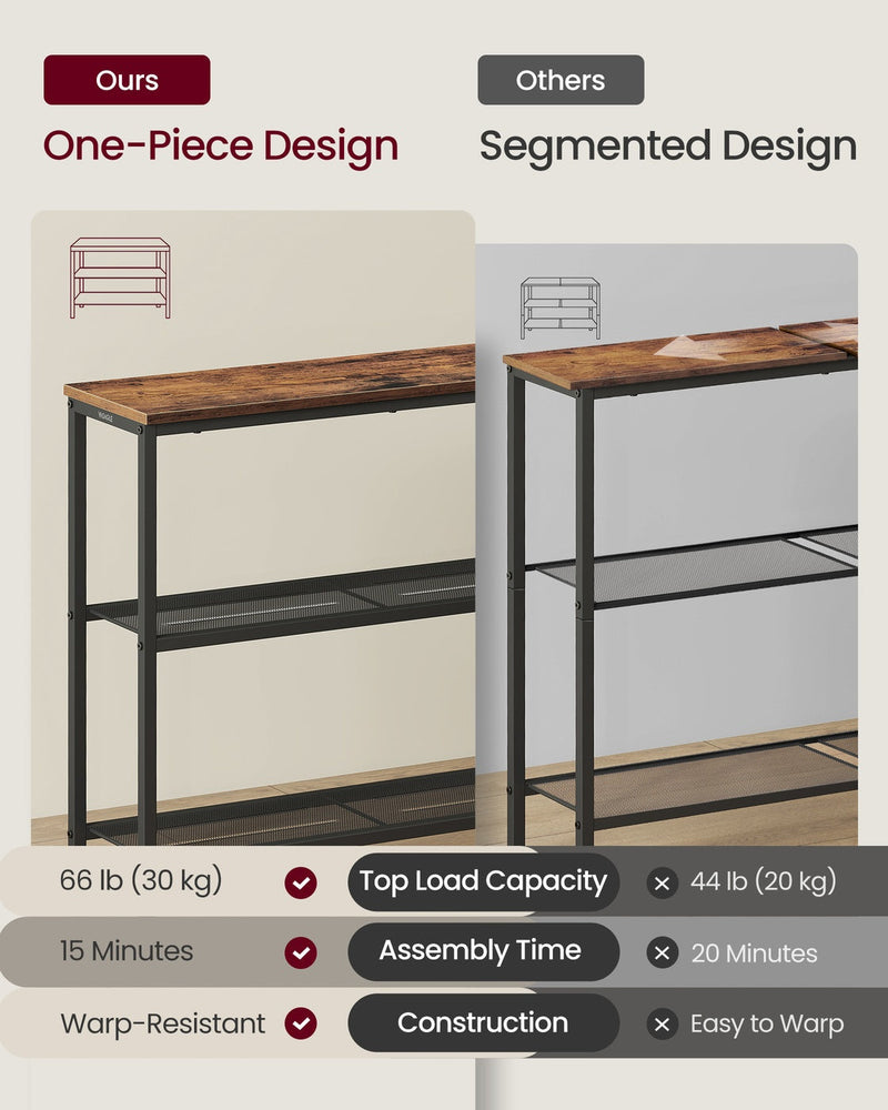 Graphic showing the one-piece welded mesh shelf design versus a segmented shelf