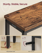 Close-up of the wood-effect top, adjustable feet and anti-tip wall strap