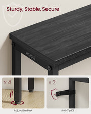 Close-up of the black console table top corner with callouts for 4 adjustable feet and a 2-strap anti-tip kit