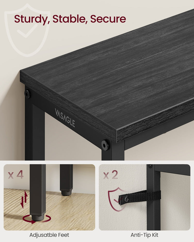 Close-up of the black console table top corner with callouts for 4 adjustable feet and a 2-strap anti-tip kit