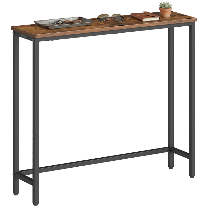 Rustic brown narrow console table with black steel frame and items on top against a white background
