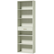 Homcom narrow tall bookcase in light green with 6 open shelves and 1 drawer