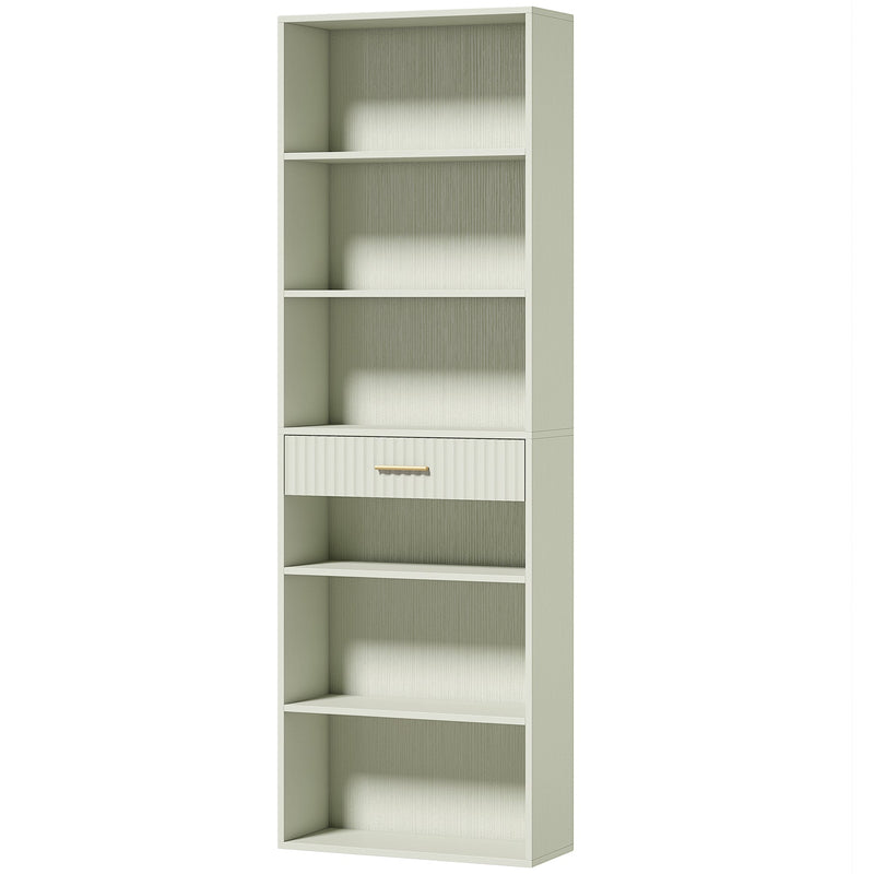 Homcom narrow tall bookcase in light green with 6 open shelves and 1 drawer