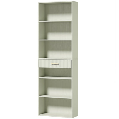 Homcom narrow tall bookcase in light green with 6 open shelves and 1 drawer