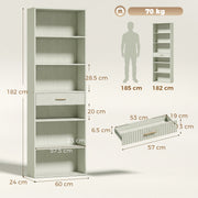 Dimension diagram of the light green Homcom bookcase showing 60 x 24 x 182 cm and drawer size