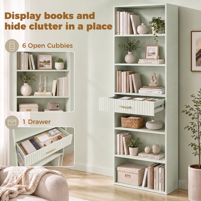 Homcom bookcase feature graphic showing 6 open cubbies and 1 drawer for storage