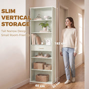 Light green narrow bookcase beside a woman showing its tall slim 182 cm profile