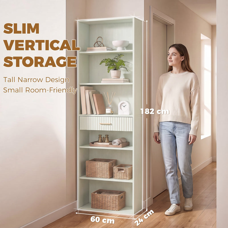 Light green narrow bookcase beside a woman showing its tall slim 182 cm profile