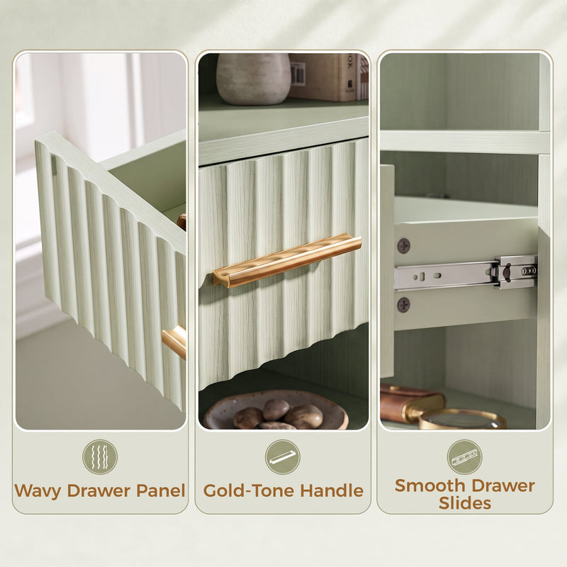 Close-up of the wavy drawer panel, gold-tone handle and smooth metal drawer slides