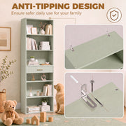 Anti-tip wall hardware fitted to the light green bookcase for safer everyday use