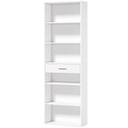 Homcom narrow tall bookcase in white with 6 open shelves and 1 drawer