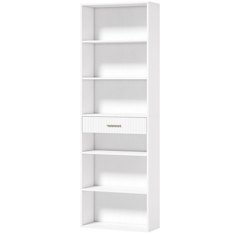 Homcom narrow tall bookcase in white with 6 open shelves and 1 drawer