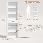 Dimension diagram of the white Homcom bookcase showing 60 x 24 x 182 cm and drawer size