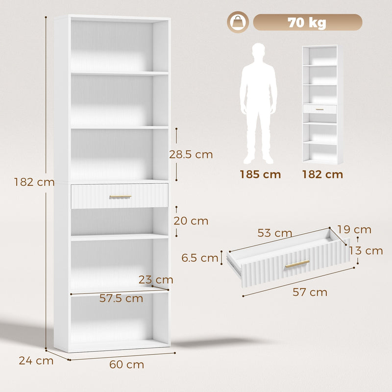 Dimension diagram of the white Homcom bookcase showing 60 x 24 x 182 cm and drawer size