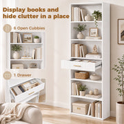Homcom bookcase feature graphic showing 6 open cubbies and 1 drawer for storage