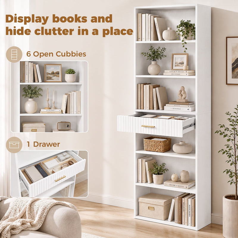 Homcom bookcase feature graphic showing 6 open cubbies and 1 drawer for storage