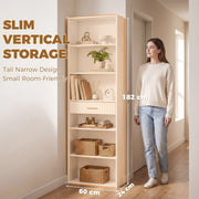 White narrow bookcase beside a woman showing its tall slim 182 cm profile