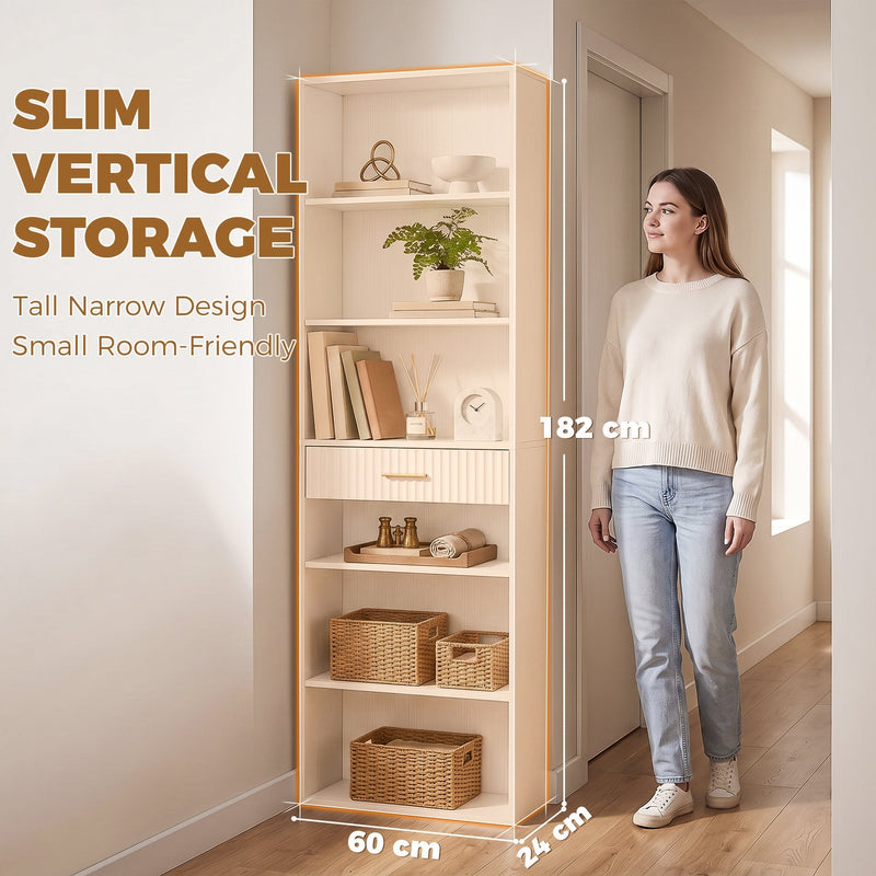 White narrow bookcase beside a woman showing its tall slim 182 cm profile