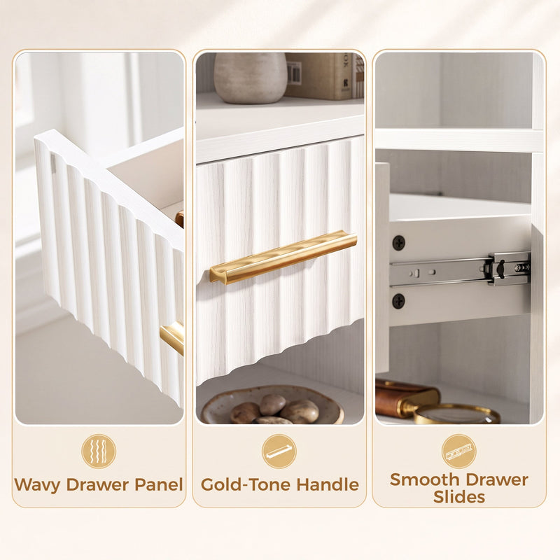 Close-up of the wavy drawer panel, gold-tone handle and smooth metal drawer slides