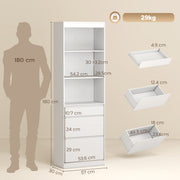 Dimensions diagram of the white bookcase showing 57 x 30 x 180 cm, shelf and drawer sizes and a 29 kg load limit