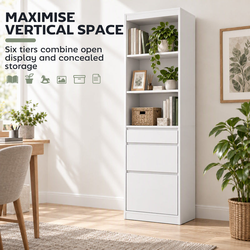 White 6-tier bookcase in a bright room with open display shelves above 3 drawers and a maximise vertical space caption