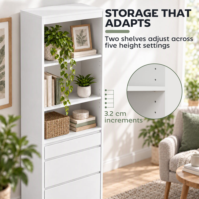 White bookcase with 2 adjustable shelves and a 3.2 cm height increment callout beside an armchair