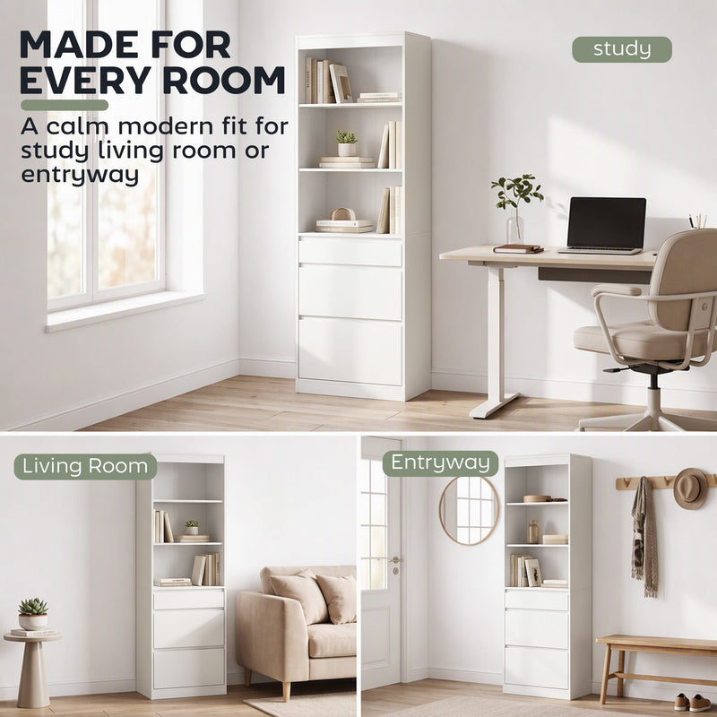 White bookcase shown in three rooms: a study, a living room and an entryway