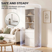 White bookcase in a living room with a close-up of the anti-tip wall anchor hardware