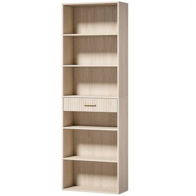 Homcom narrow tall bookcase in oak wood effect with 5 open shelves and one drawer
