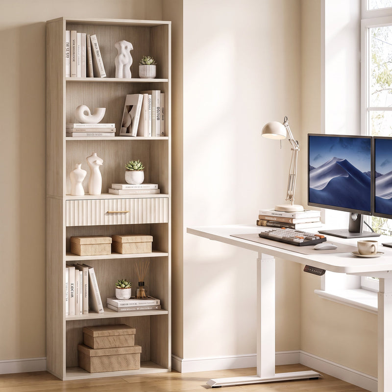 Oak wood effect bookcase used as home office storage beside a standing desk