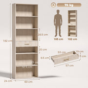 Dimension diagram of the Homcom bookcase showing 60W x 24D x 182H cm and drawer size